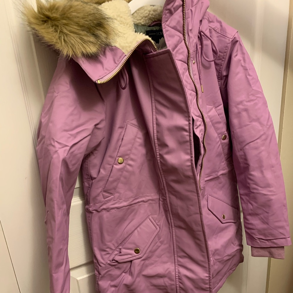 J. Crew Lavender Puffer Coat with Faux Fur Sherpa Lined Hood - Picture 3 of 14